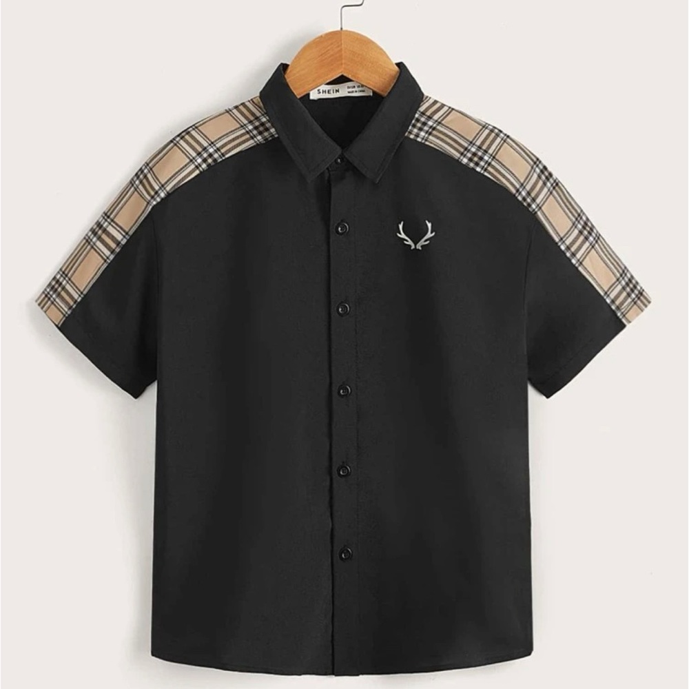 Boys Contrast Tartan Sideseam Antlers Print Shirt